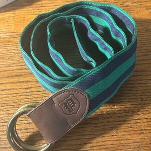 Green and Blue Striped Ribbon Belt with Brown Leather Accent
